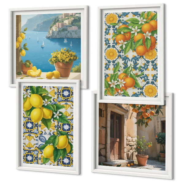 Tavelvägg med 4 tavlor Citroner, blommor, apelsiner, Italien