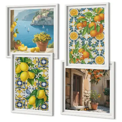 Tavelvägg med 4 tavlor med motiv av citroner, blommor och apelsiner från Italien