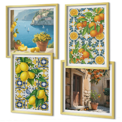 Tavelvägg med 4 tavlor Citroner, blommor, apelsiner, Italien