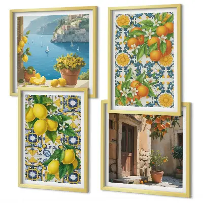 Tavelvägg med 4 tavlor med motiv av citroner, blommor och apelsiner från Italien