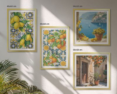 Tavelvägg med 4 tavlor Citroner, blommor, apelsiner, Italien