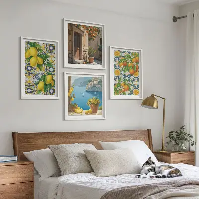 Tavelvägg med 4 tavlor med motiv av citroner, blommor och apelsiner från Italien