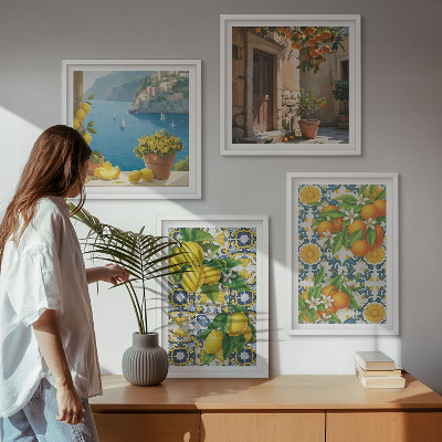 Tavelvägg med 4 tavlor Citroner, blommor, apelsiner, Italien
