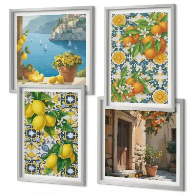 Tavelvägg med 4 tavlor med motiv av citroner, blommor och apelsiner från Italien