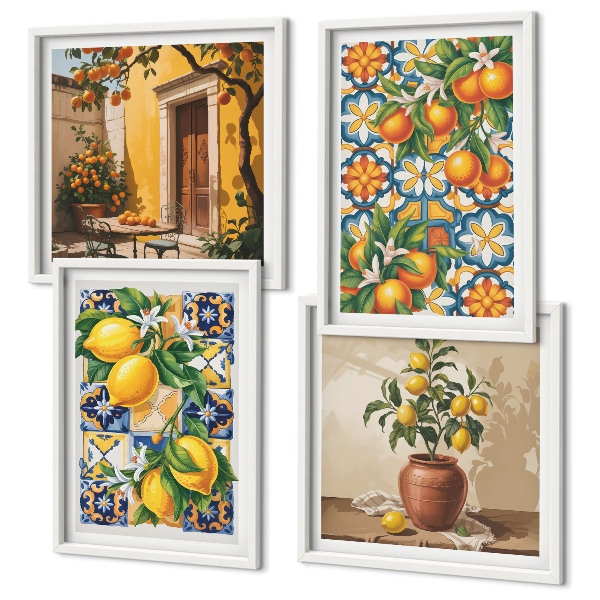 Tavelvägg ovanför soffa Citron-orange blommor mönster