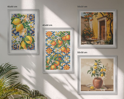Tavelvägg ovanför soffa Citron-orange blommor mönster