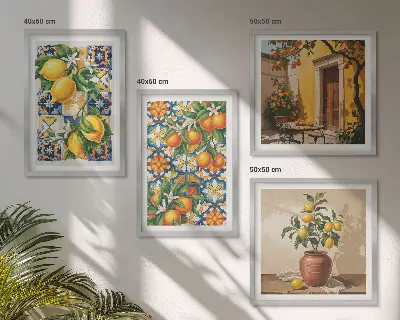 Tavelvägg ovanför soffa med citron och orangea blommor med blommönster