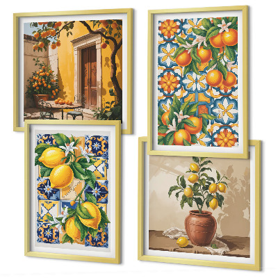 Tavelvägg ovanför soffa Citron-orange blommor mönster