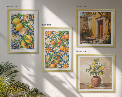 Tavelvägg ovanför soffa Citron-orange blommor mönster