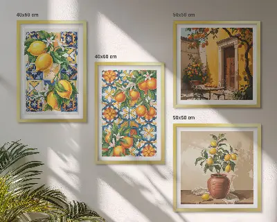 Tavelvägg ovanför soffa med citron och orangea blommor med blommönster
