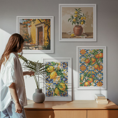 Tavelvägg ovanför soffa Citron-orange blommor mönster