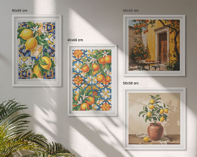 Tavelvägg ovanför soffa Citron-orange blommor mönster