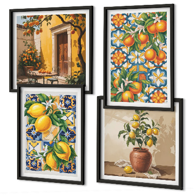 Tavelvägg ovanför soffa Citron-orange blommor mönster