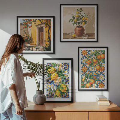 Tavelvägg ovanför soffa Citron-orange blommor mönster