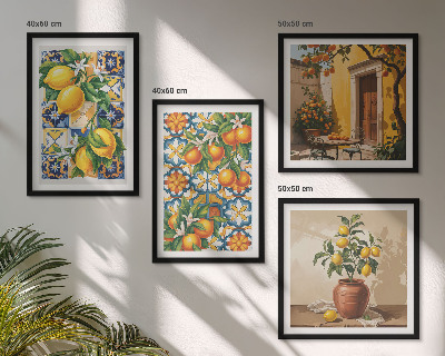Tavelvägg ovanför soffa Citron-orange blommor mönster