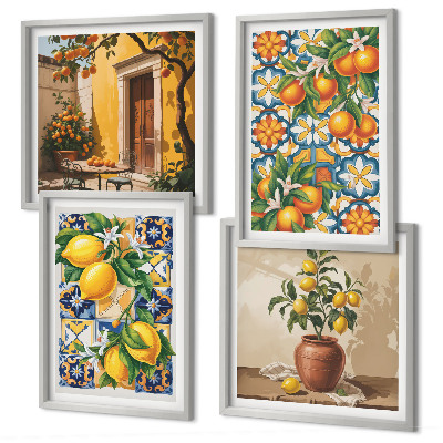 Tavelvägg ovanför soffa Citron-orange blommor mönster