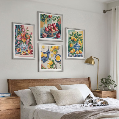 Set om 4 tavlor Blommor och frukt i vaser