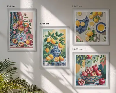 Blommor och frukt i vaser tavlor i set om 4 stycken