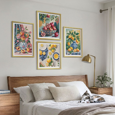 Set om 4 tavlor Blommor och frukt i vaser