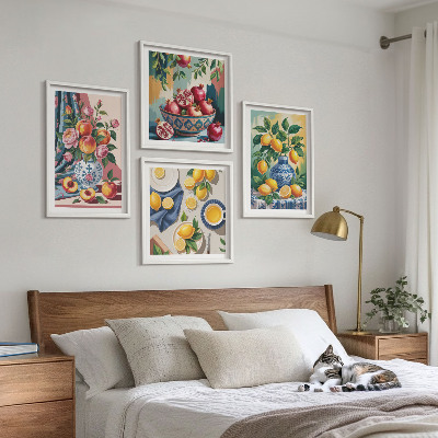 Set om 4 tavlor Blommor och frukt i vaser