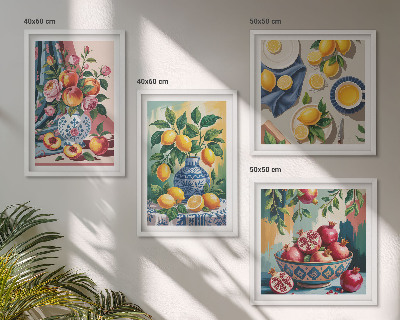 Set om 4 tavlor Blommor och frukt i vaser