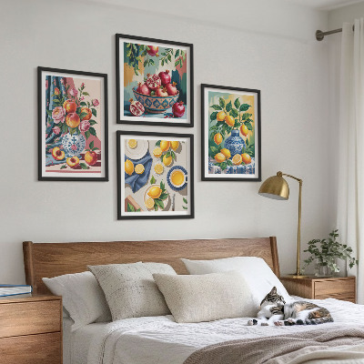 Set om 4 tavlor Blommor och frukt i vaser