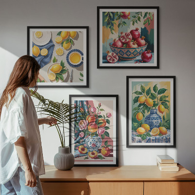Set om 4 tavlor Blommor och frukt i vaser