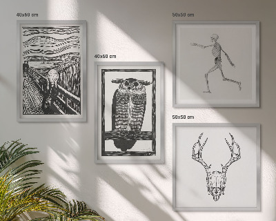 Tavelvägg ovanför soffa Inspiration Skrik Dödskalle Uggla