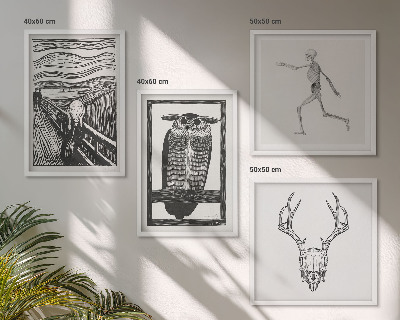 Tavelvägg ovanför soffa Inspiration Skrik Dödskalle Uggla