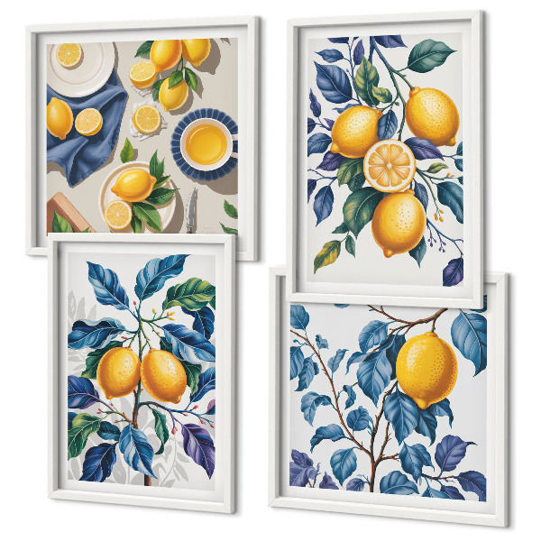 Tavelvägg med 4 tavlor Citrongrenar blå blad
