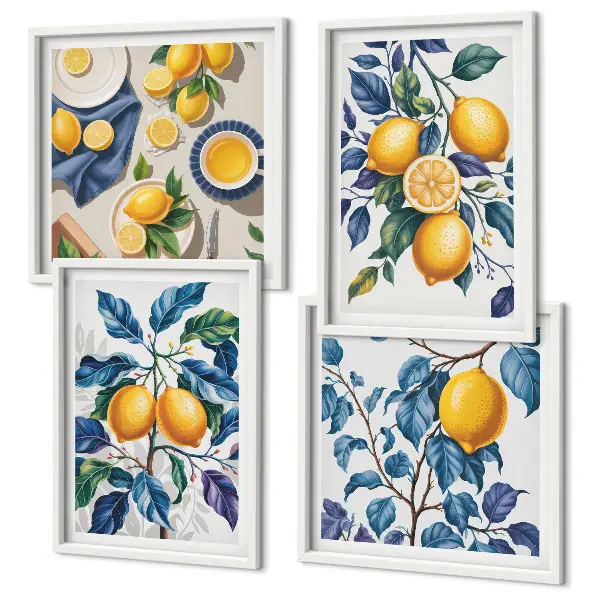 Tavelvägg med 4 tavlor med motiv av citrongrenar med blå blad