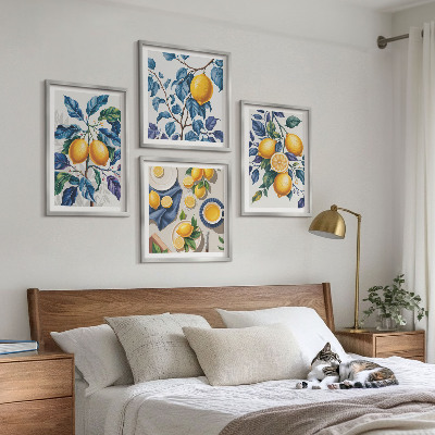 Tavelvägg med 4 tavlor Citrongrenar blå blad