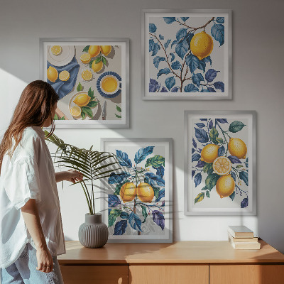 Tavelvägg med 4 tavlor Citrongrenar blå blad