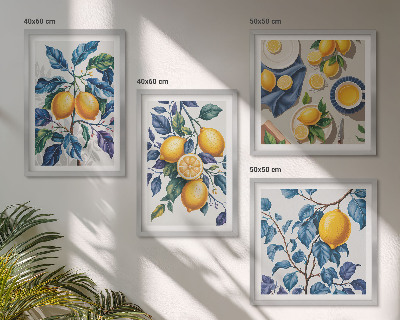 Tavelvägg med 4 tavlor Citrongrenar blå blad