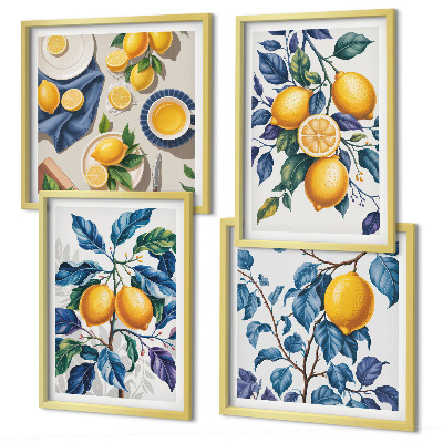 Tavelvägg med 4 tavlor Citrongrenar blå blad
