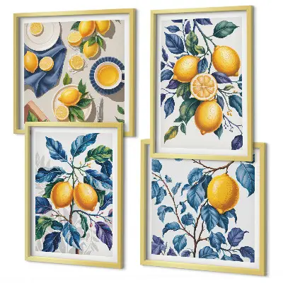Tavelvägg med 4 tavlor med motiv av citrongrenar med blå blad