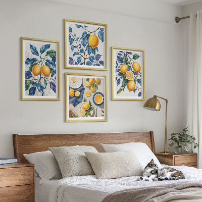 Tavelvägg med 4 tavlor Citrongrenar blå blad