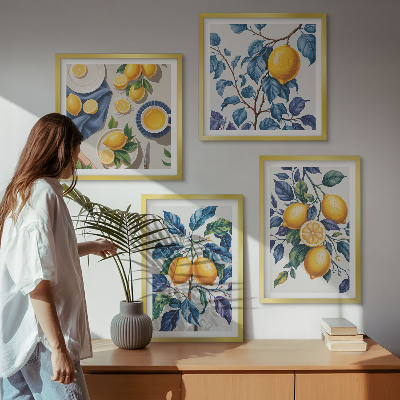 Tavelvägg med 4 tavlor Citrongrenar blå blad