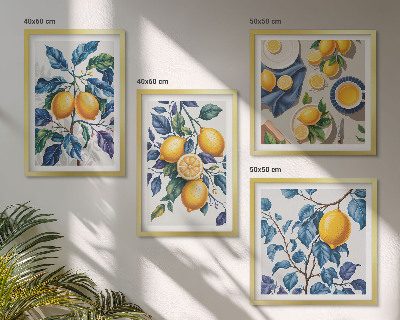 Tavelvägg med 4 tavlor Citrongrenar blå blad