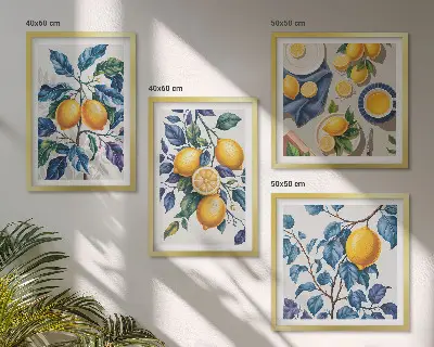 Tavelvägg med 4 tavlor med motiv av citrongrenar med blå blad