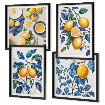 Tavelvägg med 4 tavlor Citrongrenar blå blad