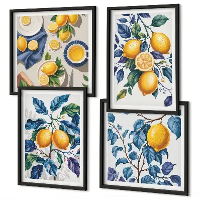 Tavelvägg med 4 tavlor med motiv av citrongrenar med blå blad