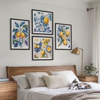 Tavelvägg med 4 tavlor Citrongrenar blå blad