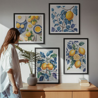 Tavelvägg med 4 tavlor Citrongrenar blå blad