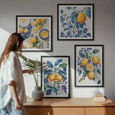 Tavelvägg med 4 tavlor med motiv av citrongrenar med blå blad