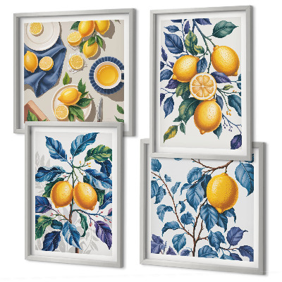 Tavelvägg med 4 tavlor Citrongrenar blå blad