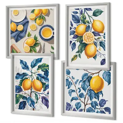 Tavelvägg med 4 tavlor med motiv av citrongrenar med blå blad