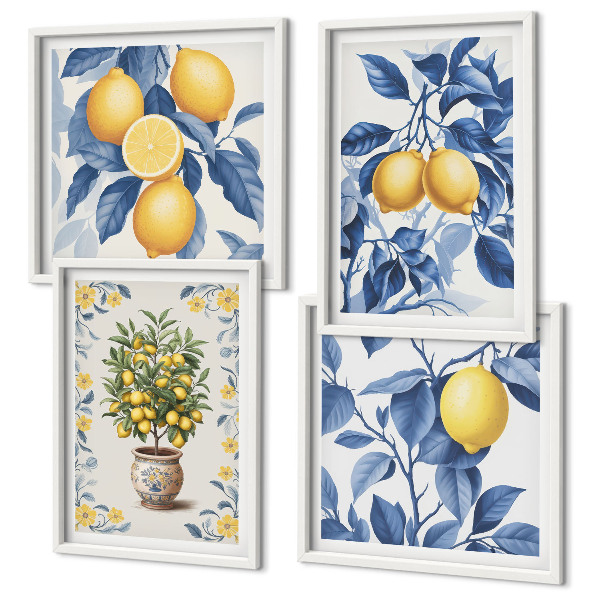 Tavelvägg ovanför soffa Citrongrenar blå blad