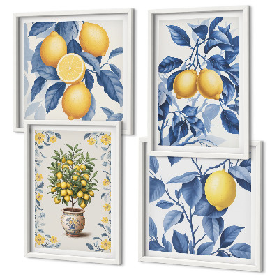 Tavelvägg ovanför soffa Citrongrenar blå blad