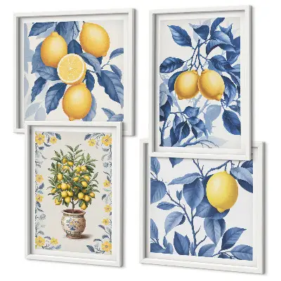 Citrongrenar med blå blad tavelvägg för placering ovanför soffa